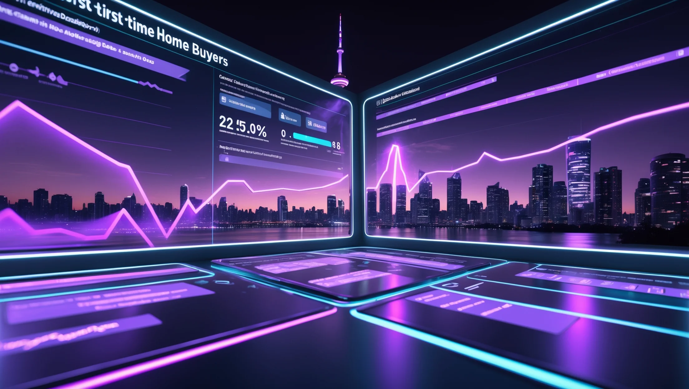 Futuristic fintech dashboard showing Canadian housing market analytics and mortgage data