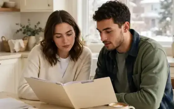 Couple reviewing a home-buying folder at a kitchen table
