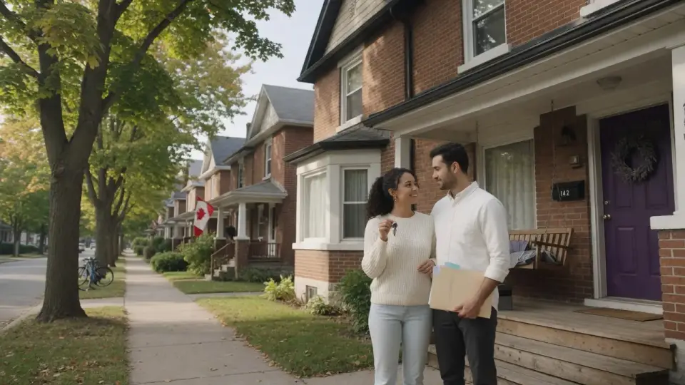 Couple holding house keys on a Canadian brick-house street