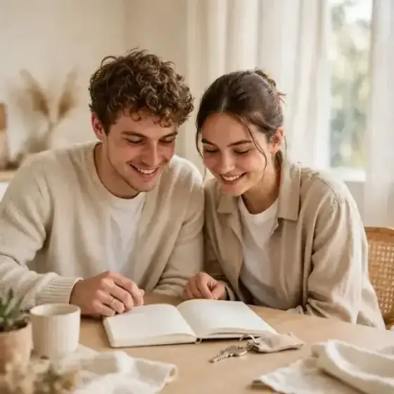 Couple reviewing a home-buying notebook at a table with house keys nearby